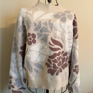 Floral Patterned Cream and Brown Sweater